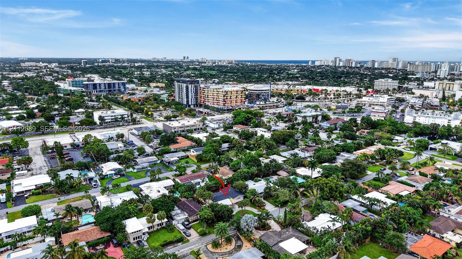 Aerial perspective of a residential property featuring a pitched roof, mature canopy trees, and established landscaping, situated within a dense urban environment with proximity to commercial infrastructure
