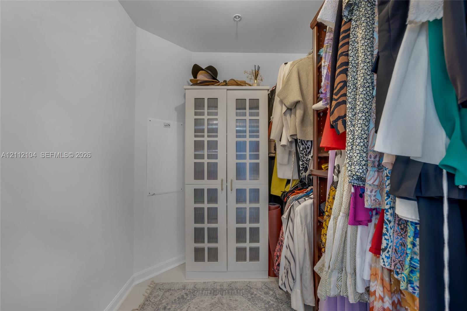 Walk-in storage space featuring built-in cabinetry with glass-panel doors and an integrated shelving system