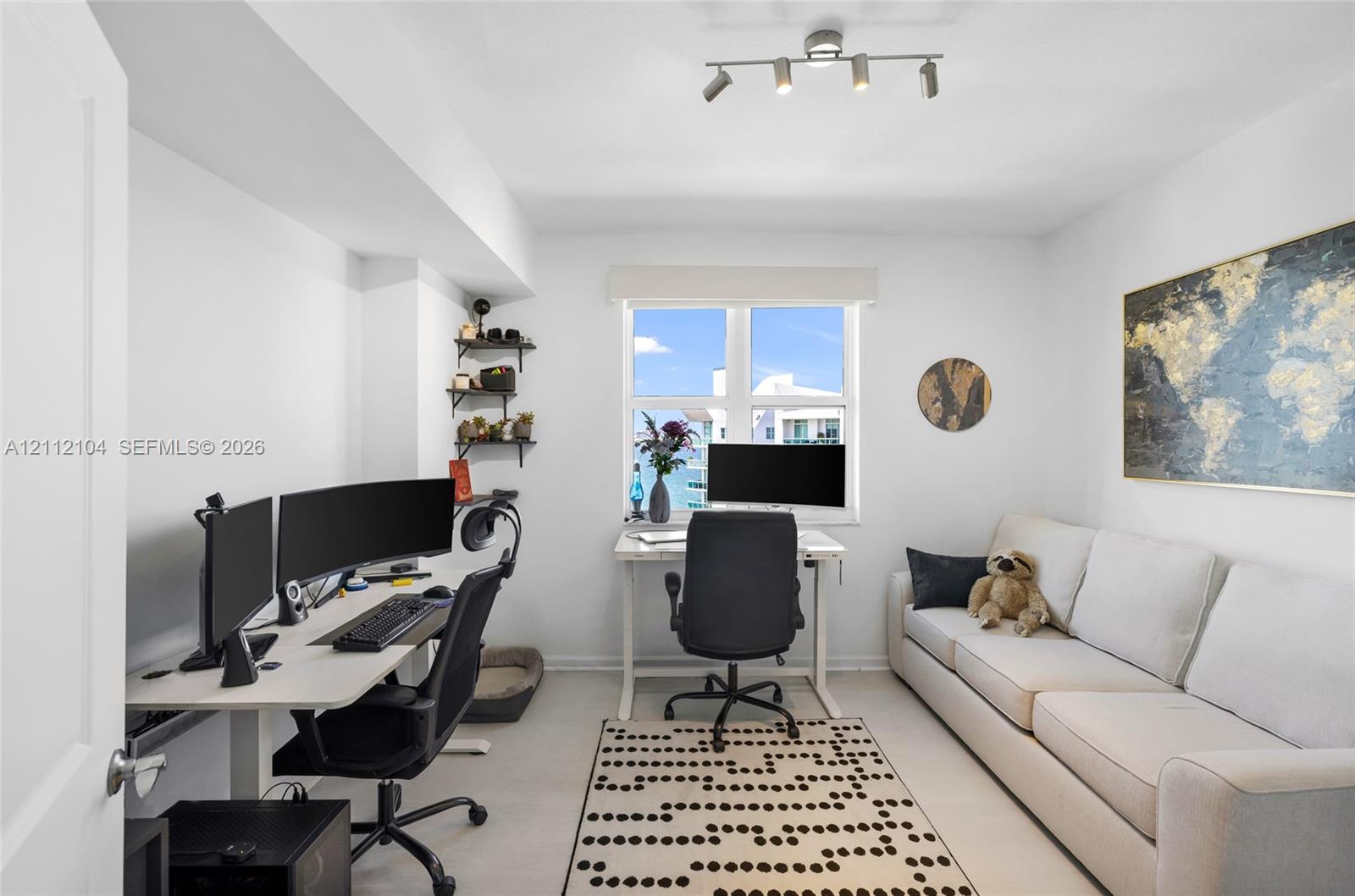 Multi-purpose room featuring a multi-light directional ceiling fixture, window with natural lighting, and wall-mounted shelving