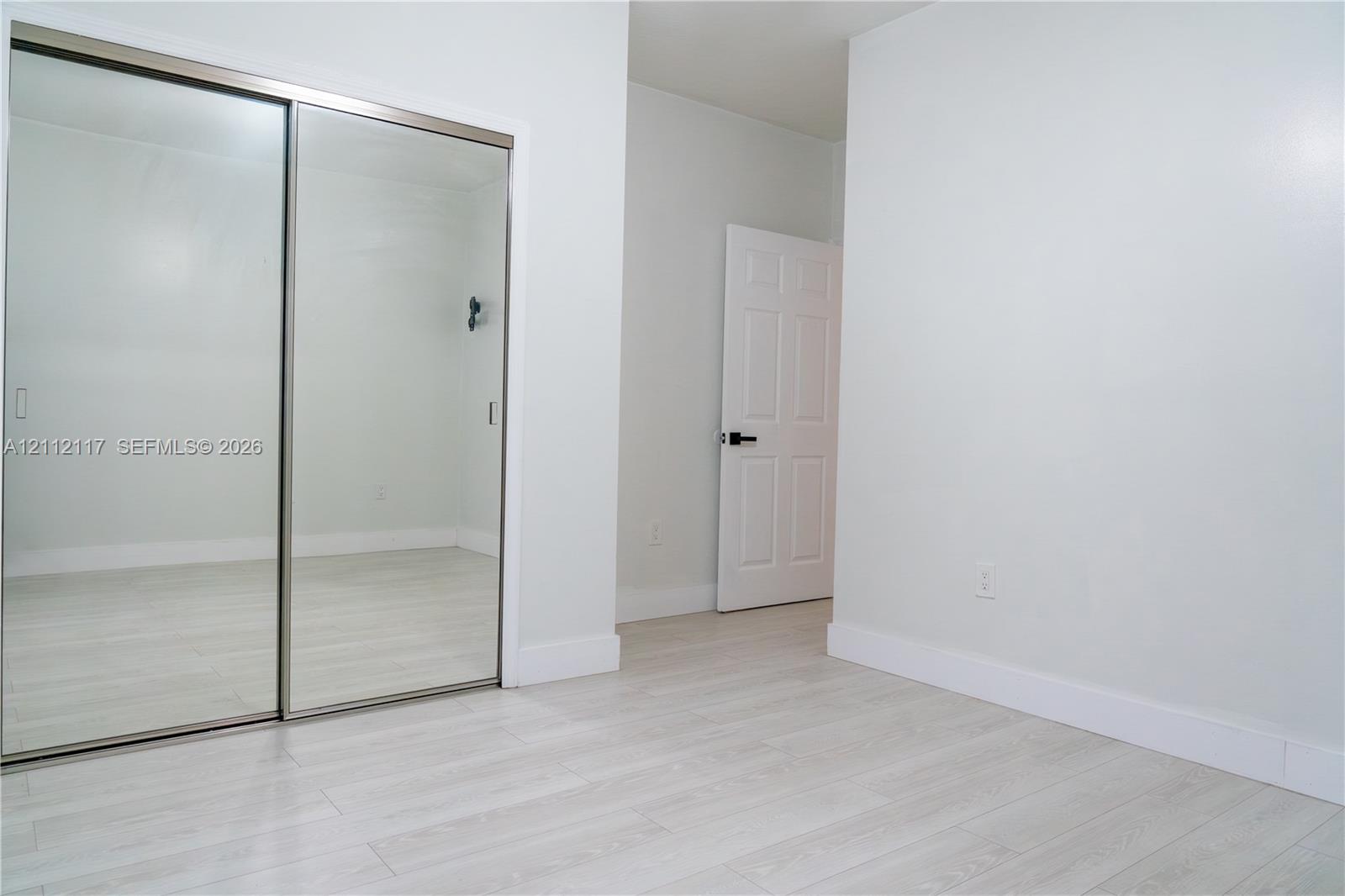 Sliding mirror-panel closet doors, light-toned wood-finish flooring, and a solid-core interior door with matte black hardware