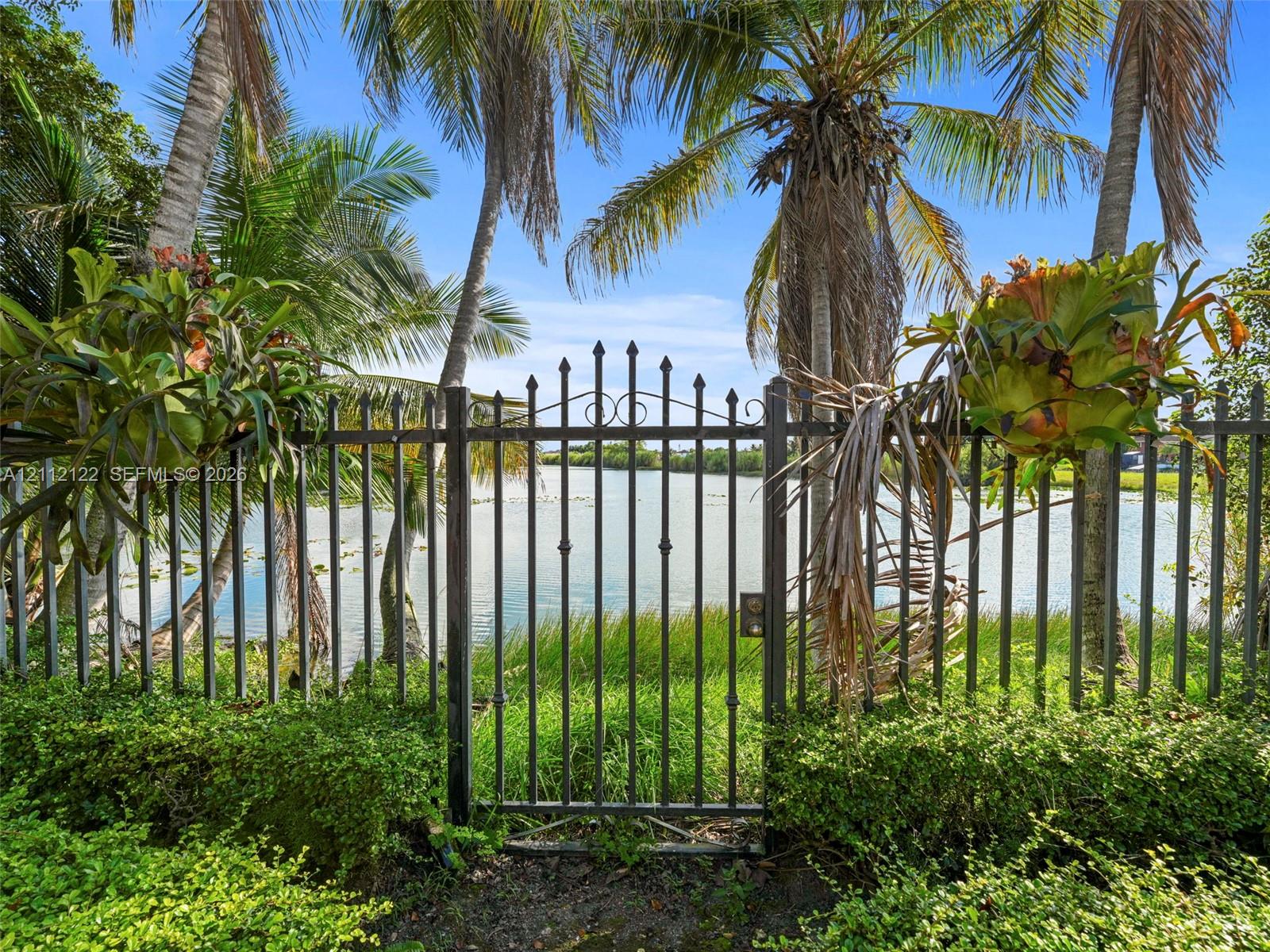Metal picket gate with spear-top finials, mature palm trees, and waterfront access