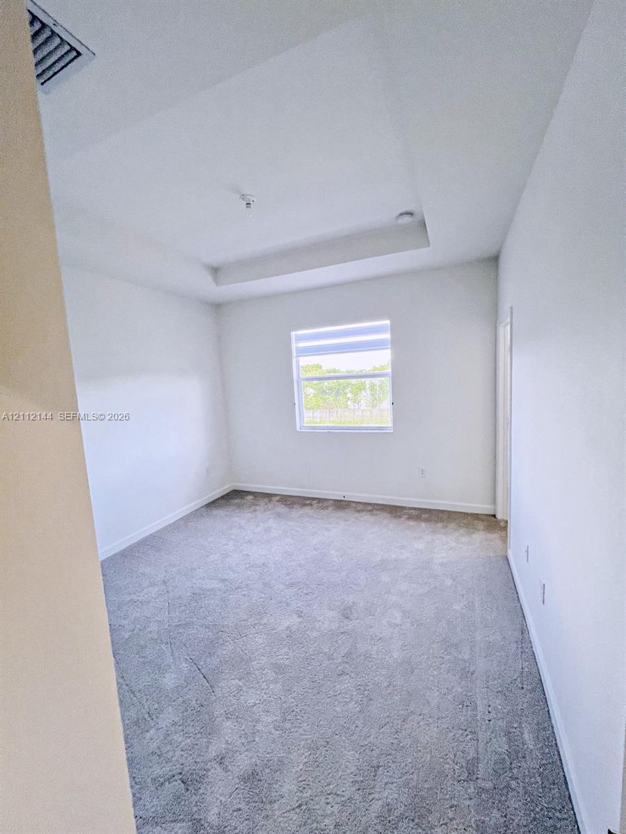 Interior space featuring a recessed tray ceiling, neutral wall-to-wall carpeting, and a centered window