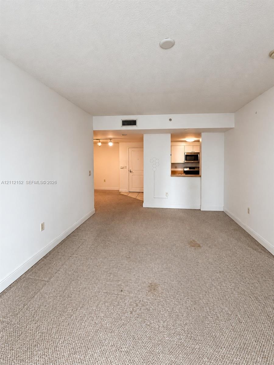 Neutral-toned carpeting, ceiling-mounted lighting, and a pass-through opening to the kitchen featuring cabinetry and built-in appliances