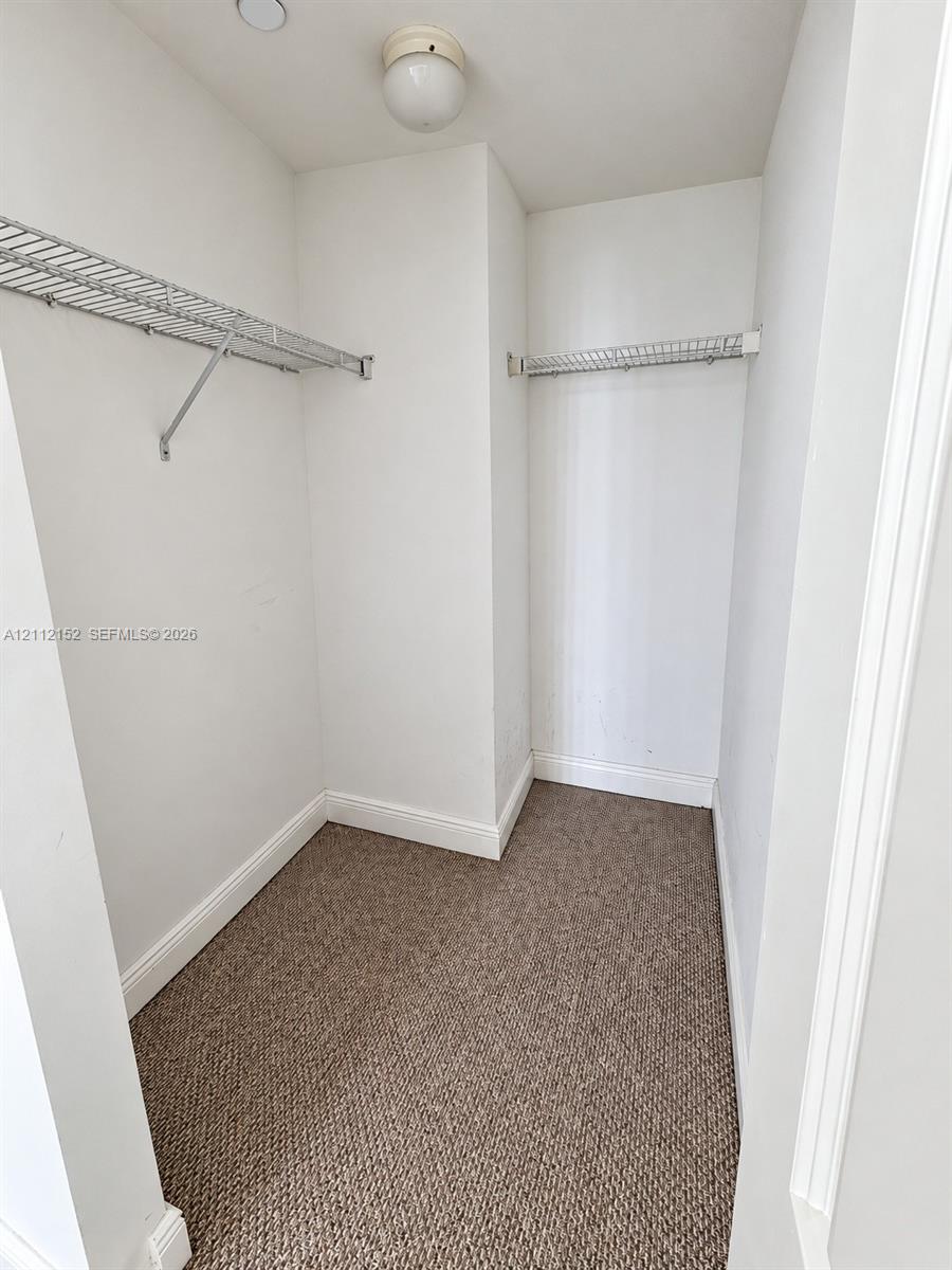 Storage area featuring neutral carpeting, white walls, dual wire shelving units, and a flush-mount ceiling fixture