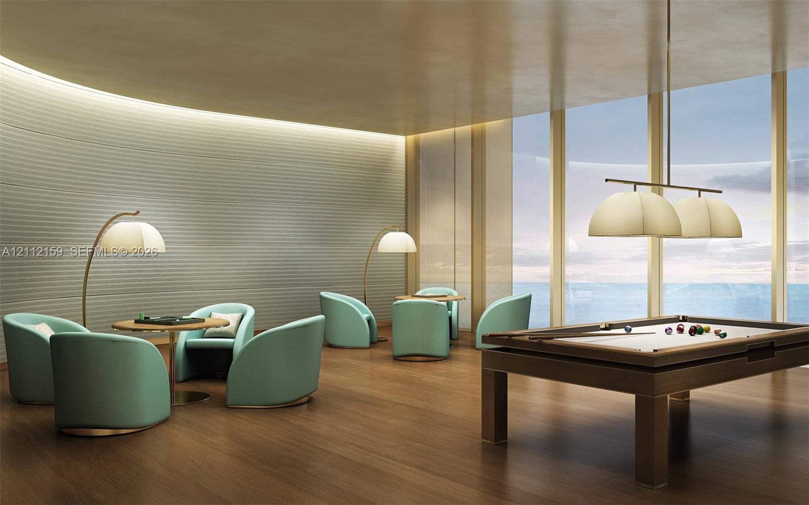 Curved wall with horizontal textured paneling, floor-to-ceiling windows, and wood-finish flooring