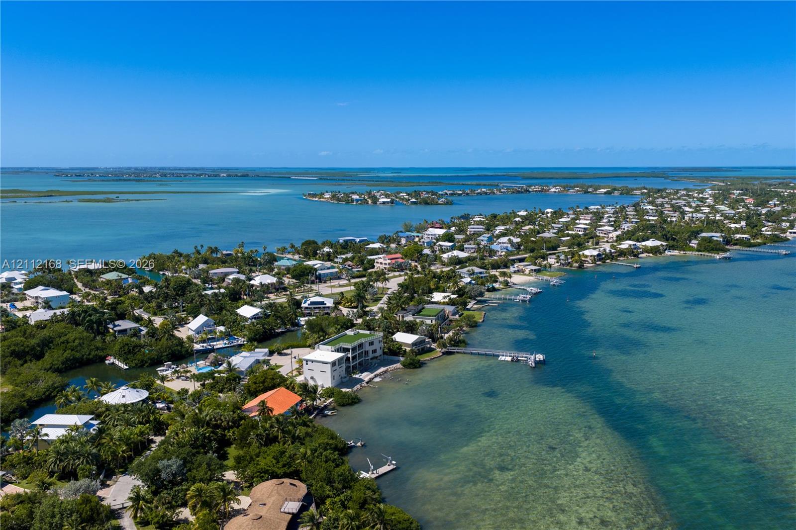 Aerial coastal perspective featuring direct water frontage, an expansive private dock, and surrounding tropical vegetation