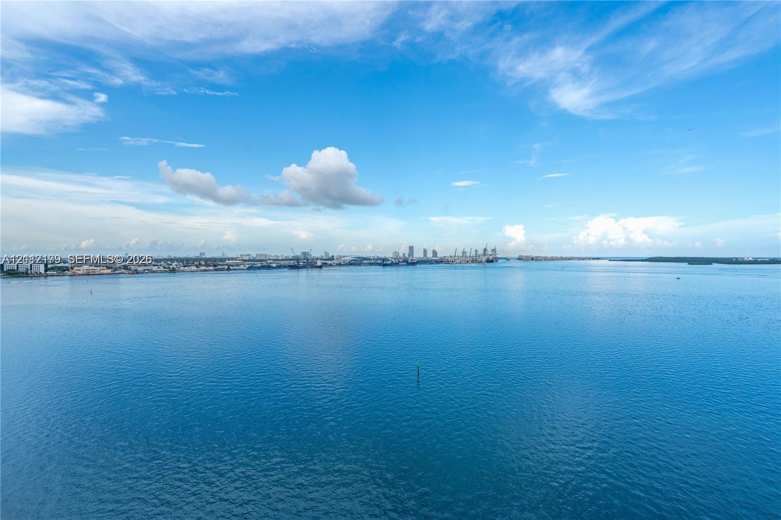 Panoramic expanse of open water featuring a distant urban skyline and horizon