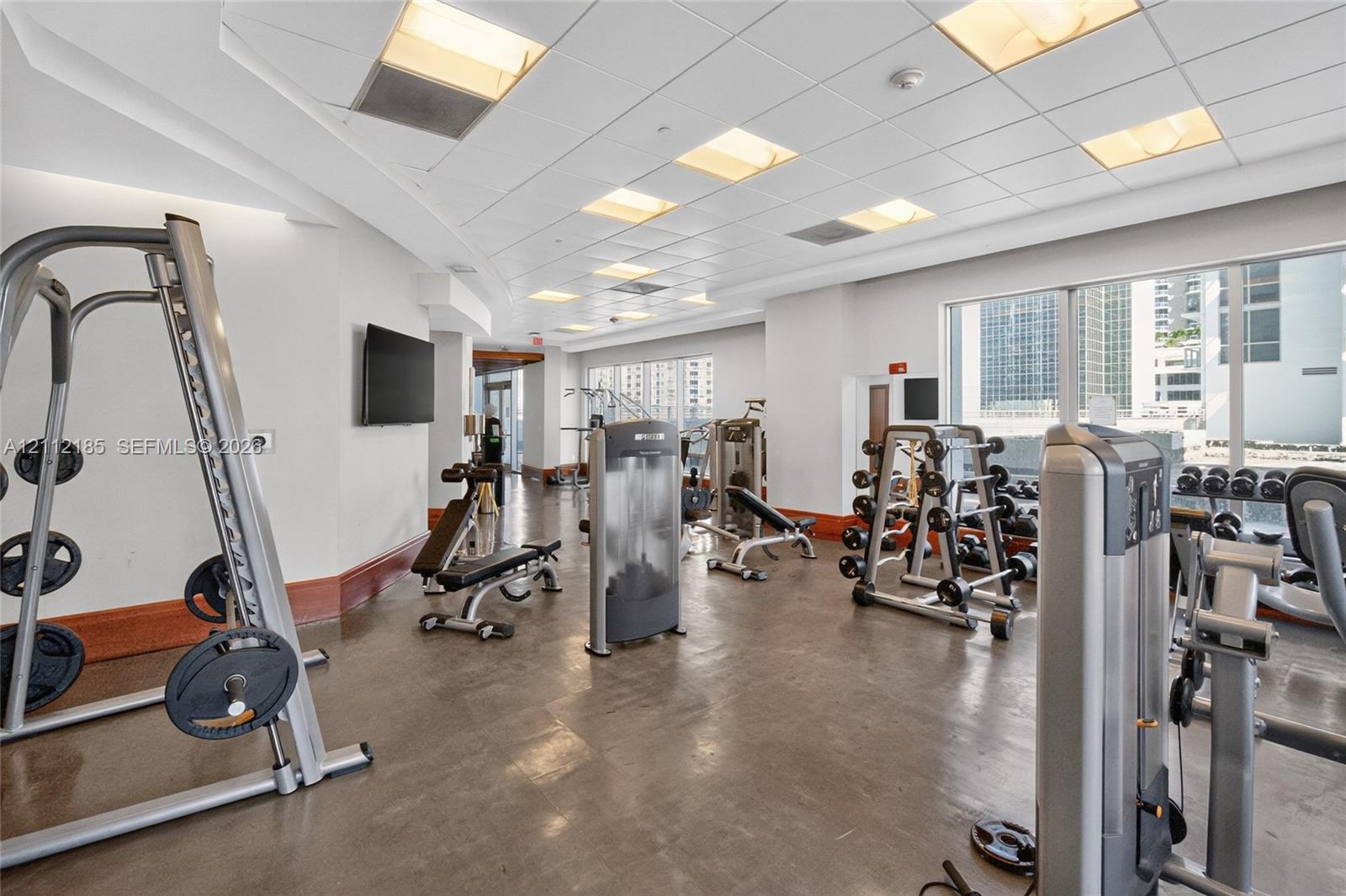 Fitness facility featuring a polished concrete floor, drop ceiling with recessed lighting, large floor-to-ceiling windows, and wood-tone wall trim