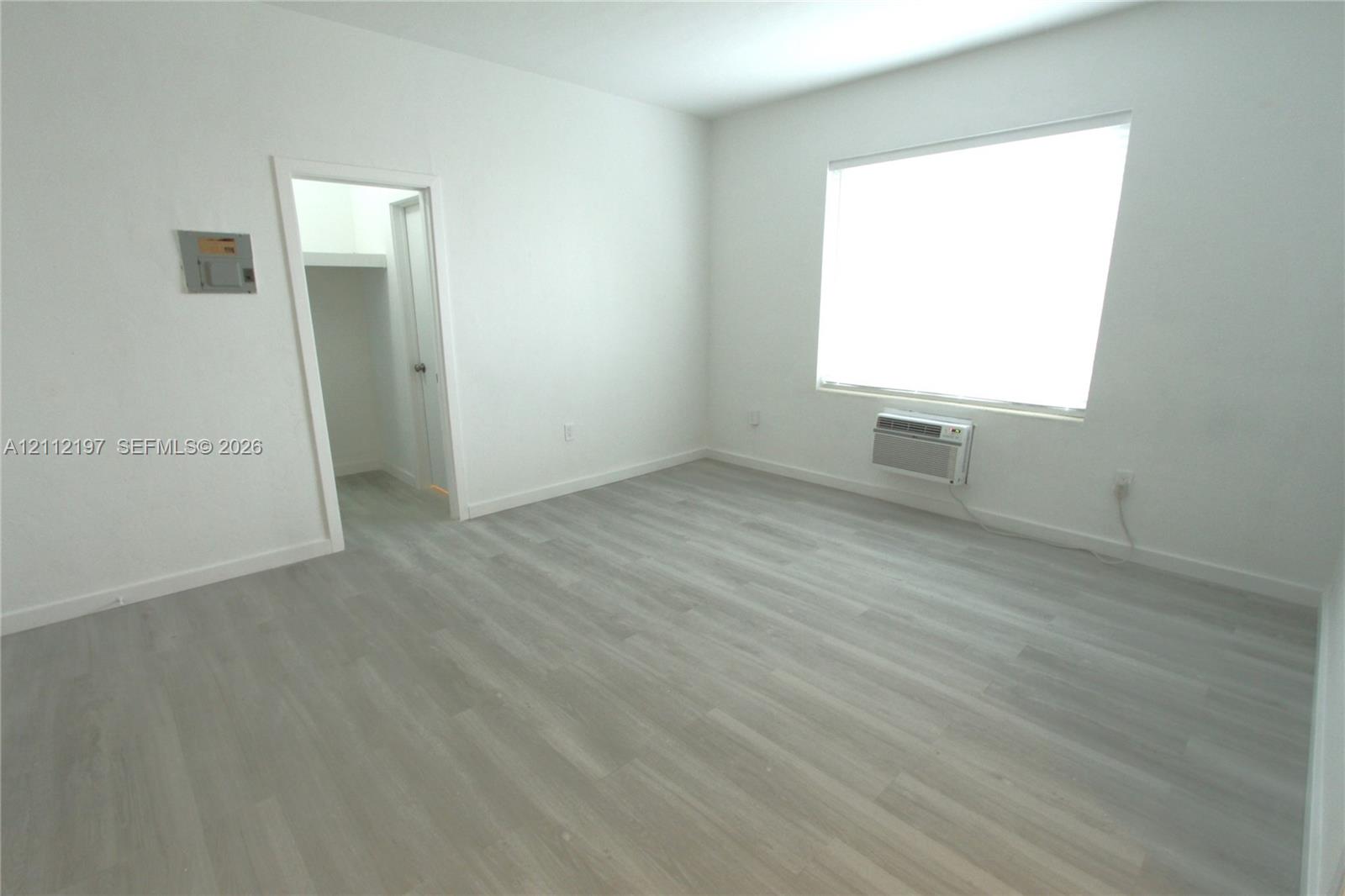 Interior space featuring wood-finish flooring, a large window, and an attached wall-mounted heating and cooling unit