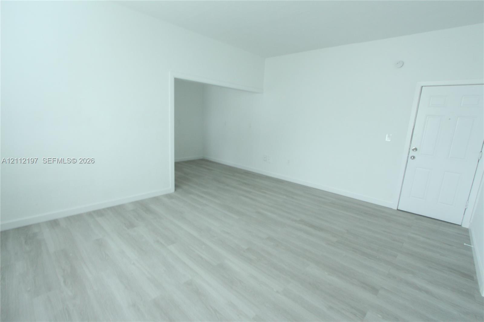 Interior space featuring light-toned wood-finish flooring, smooth wall surfaces, and a panel-style door with metallic hardware