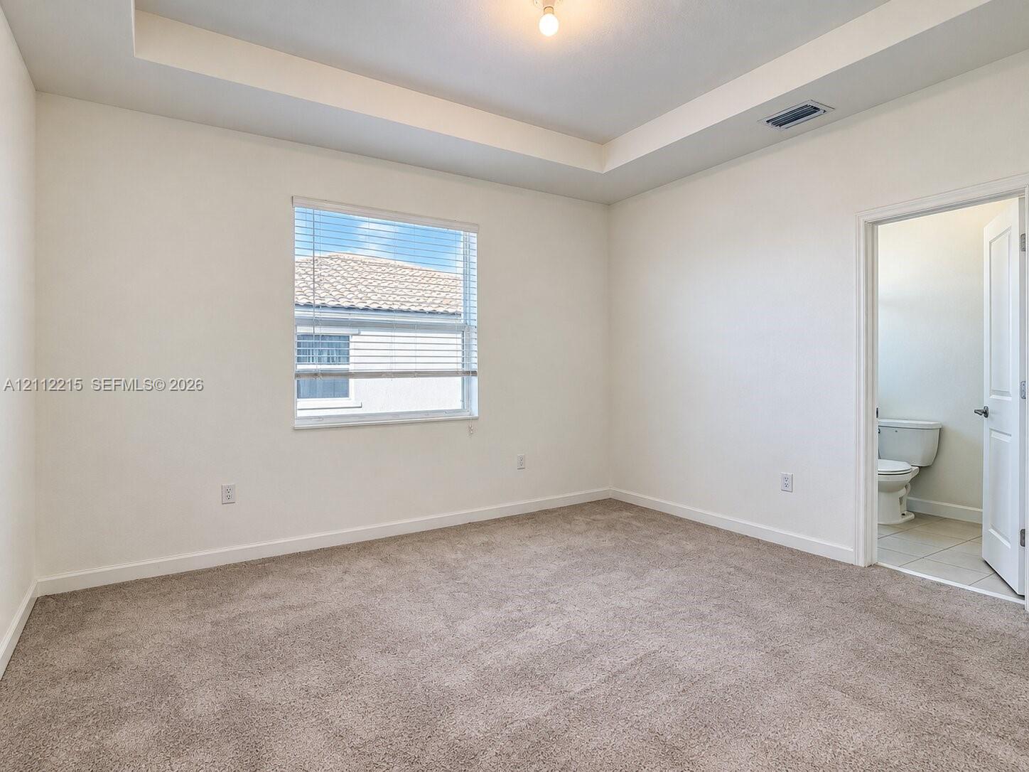 Room featuring a tray ceiling, wall-to-wall carpeting, and a single-hung window