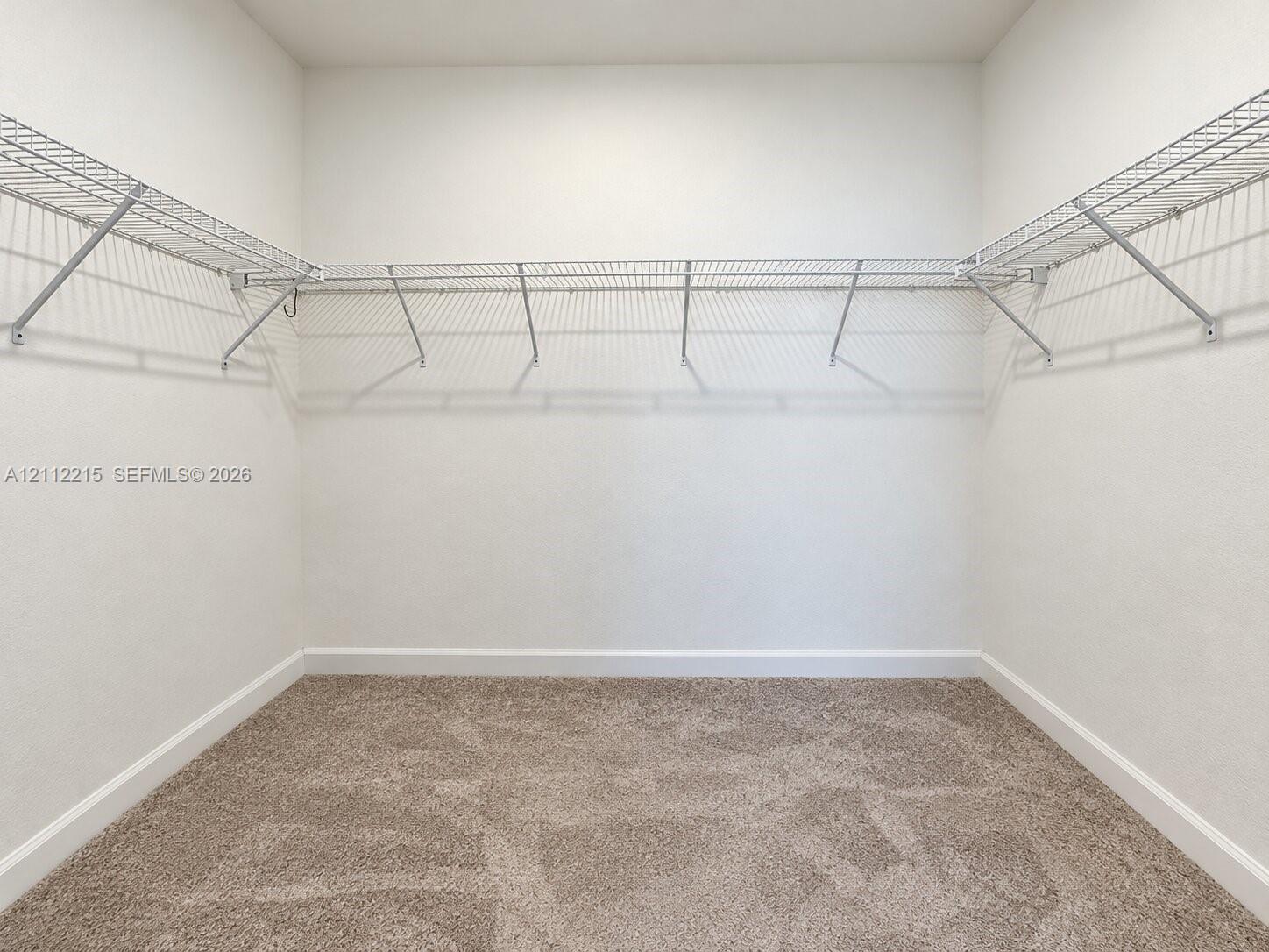 Walk-in storage space featuring neutral carpeting and wrap-around white wire shelving