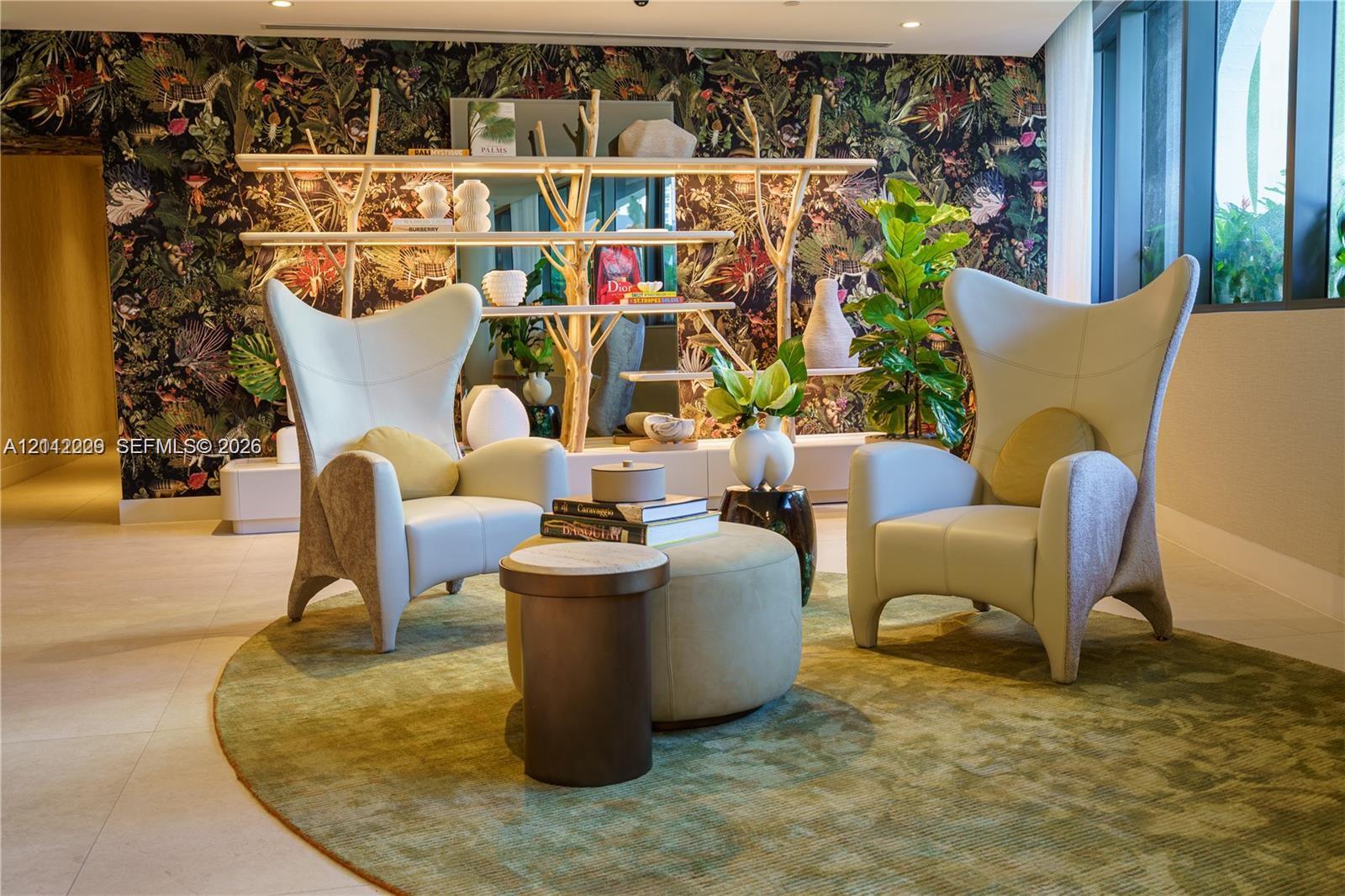 Botanical-print accent wall, built-in structural display shelving, large-format tile flooring, and floor-to-ceiling windows