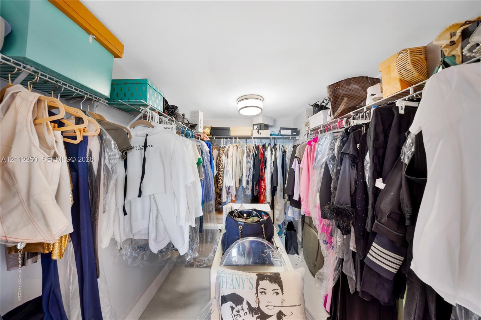 Walk-in closet featuring tiered wire shelving, upper storage racks, and a flush-mount circular ceiling fixture