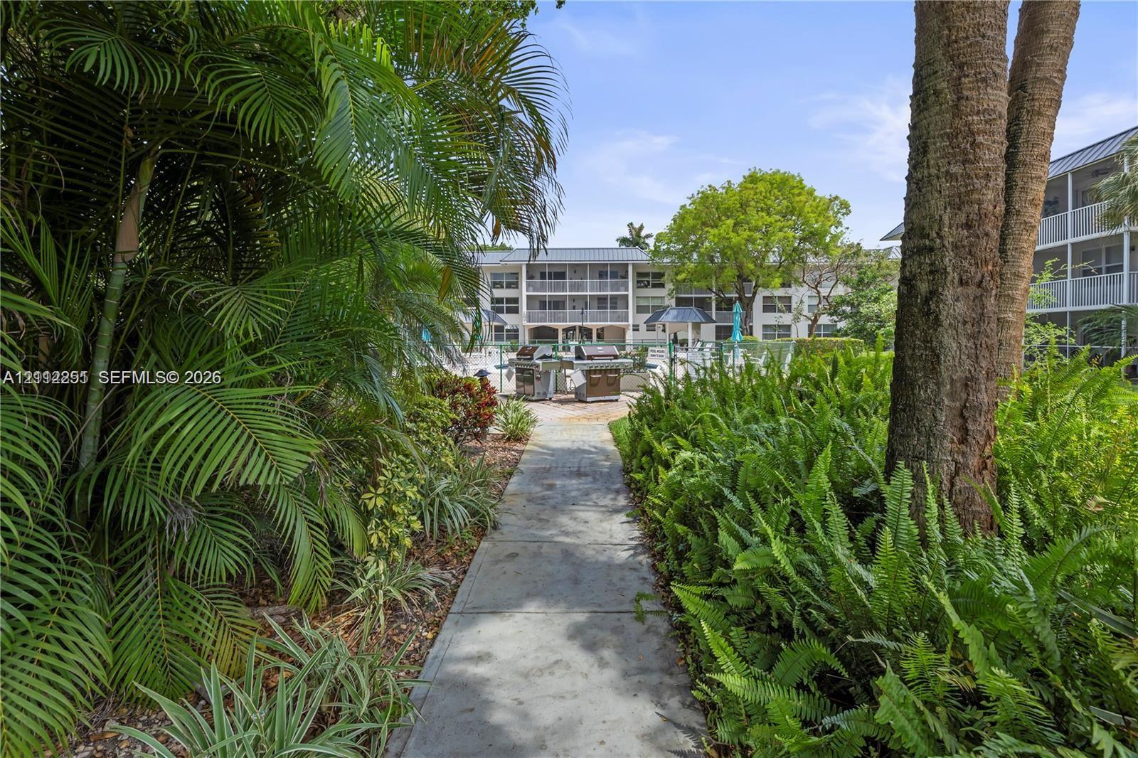 Concrete pathway surrounded by mature palm trees and lush tropical landscaping, featuring a built-in outdoor grilling station