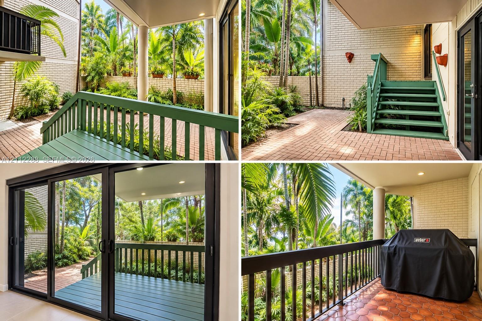 Property Exterior Photography. Documentation of the paved patio area, staircase, and covered balcony of the property