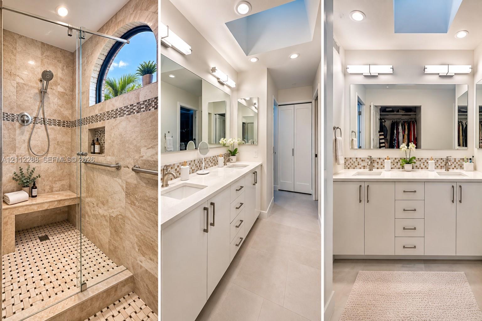 Walk-in shower with natural stone tiling, built-in bench, and arched window; double-vanity cabinetry with white countertops, undermount sinks, and skylight lighting