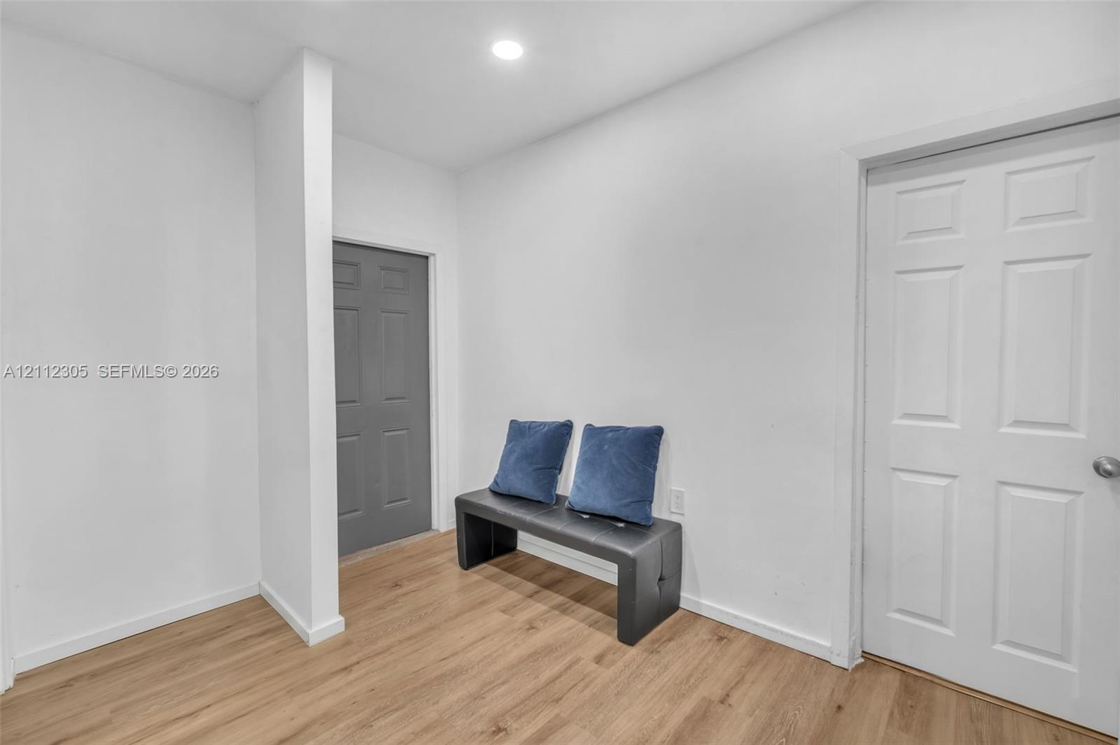 Neutral wall finish, wood-finish flooring, and two six-panel interior doors, including one contrasting gray door, illuminated by recessed lighting