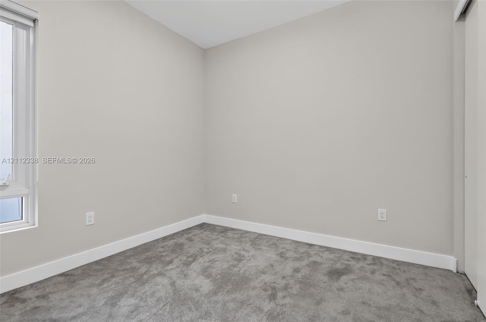 Neutral-toned interior space featuring plush carpeting, soft gray wall paint, and a single-pane vertical window with integrated blinds