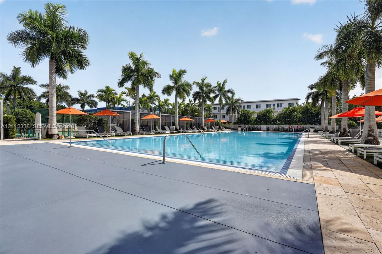 Swimming pool with tiled decking, metal handrail, and palm tree landscaping