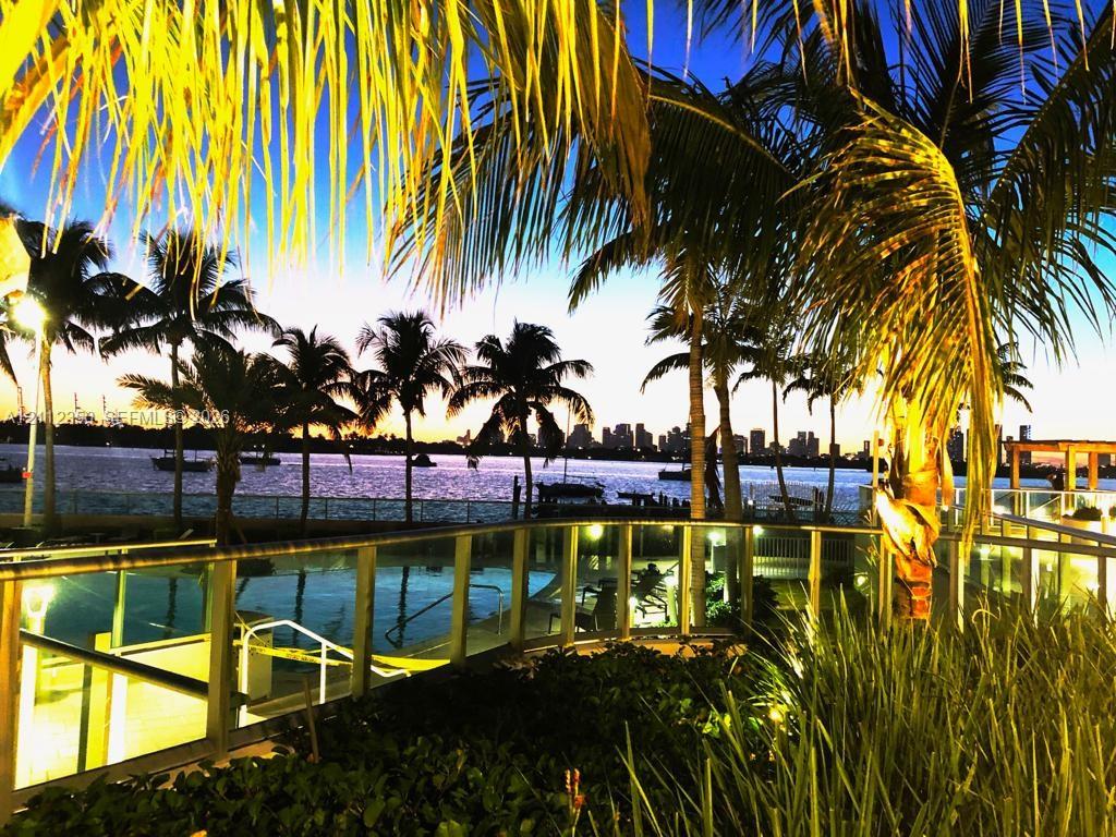 Swimming pool featuring a glass perimeter railing, surrounding palm trees, and waterfront backdrop