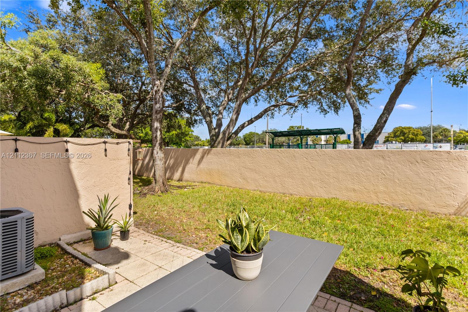 Private backyard featuring a paved patio, perimeter wall, and mature trees