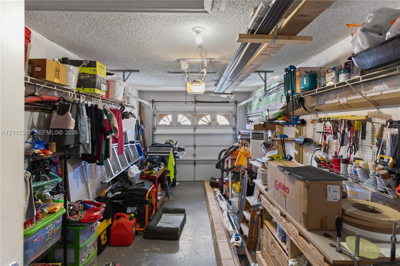 Garage space featuring a metal sectional door with glass inserts, built-in wire shelving, pegboard wall organization, and concrete flooring