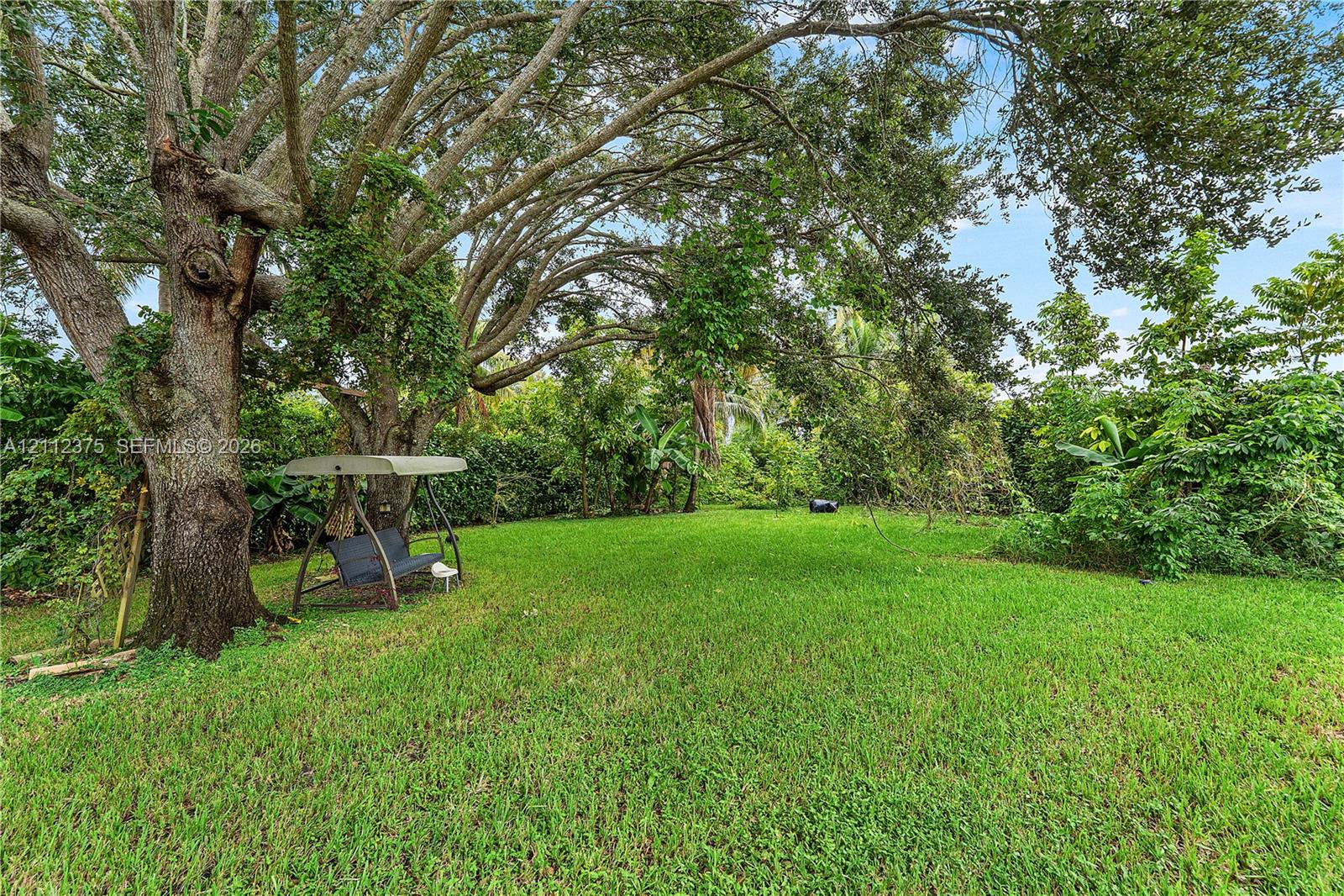 Expansive green lawn featuring mature shade trees and dense perimeter landscaping