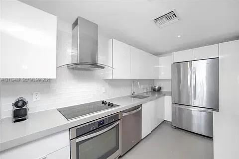 Modern kitchen featuring flat-panel high-gloss cabinetry, stone countertops, stainless steel appliances, a tile backsplash, and a wall-mounted chimney-style range hood Modern kitchen featuring flat-panel high-gloss cabinetry, stone countertops, stainless steel appliances, a tile backsplash, and a wall-mounted chimney-style range hood