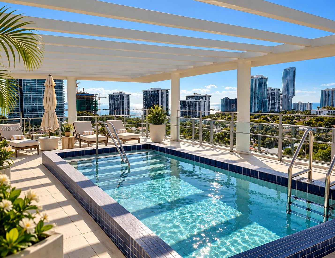 Rooftop terrace featuring a rectangular plunge pool with tiled surround, overhead pergola, metal railing, and cityscape backdrop