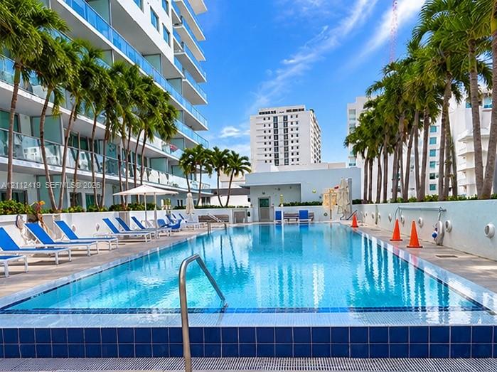 Outdoor swimming pool featuring a tiled waterline, metal handrails, and a paved deck surrounded by palm trees and concrete privacy walls Outdoor swimming pool featuring a tiled waterline, metal handrails, and a paved deck surrounded by palm trees and concrete privacy walls