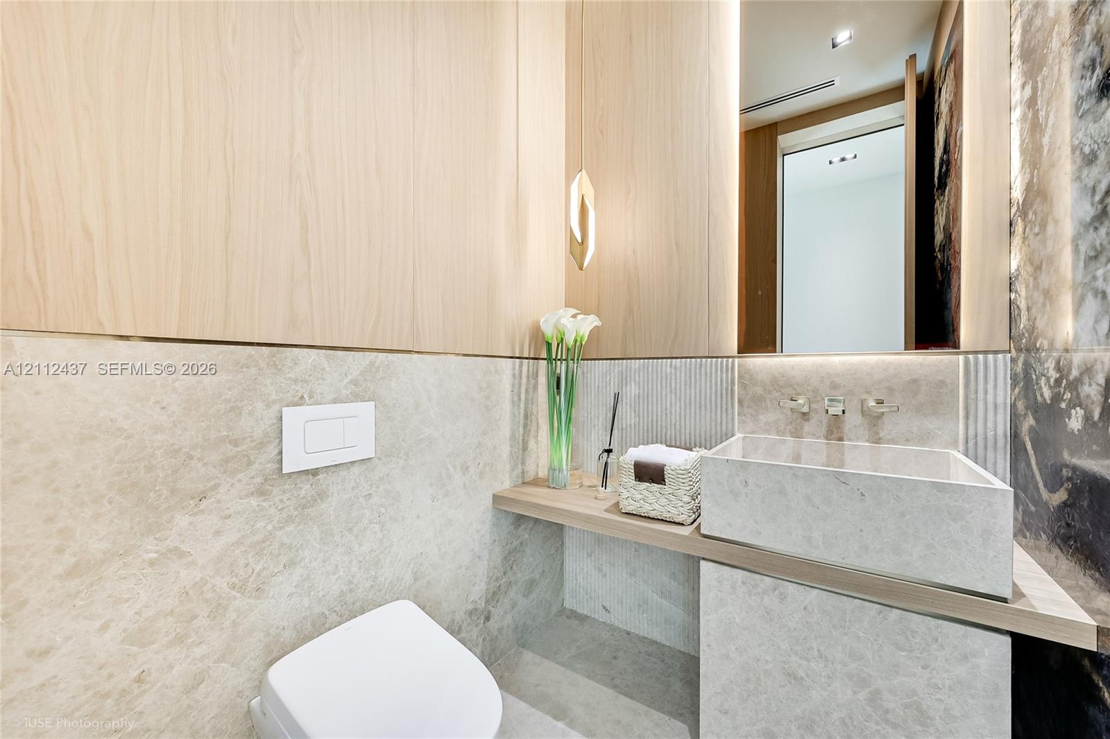 Wall-mounted toilet with a concealed flush plate, stone-tiled walls, light wood paneling, stone vanity with a vessel sink, and integrated LED accent lighting