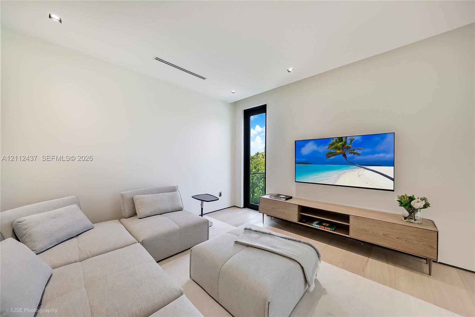 Minimalist interior space featuring recessed ceiling lighting, wood-finish flooring, a tall narrow glass door with a black frame, and a wall-mounted wood-finish media console