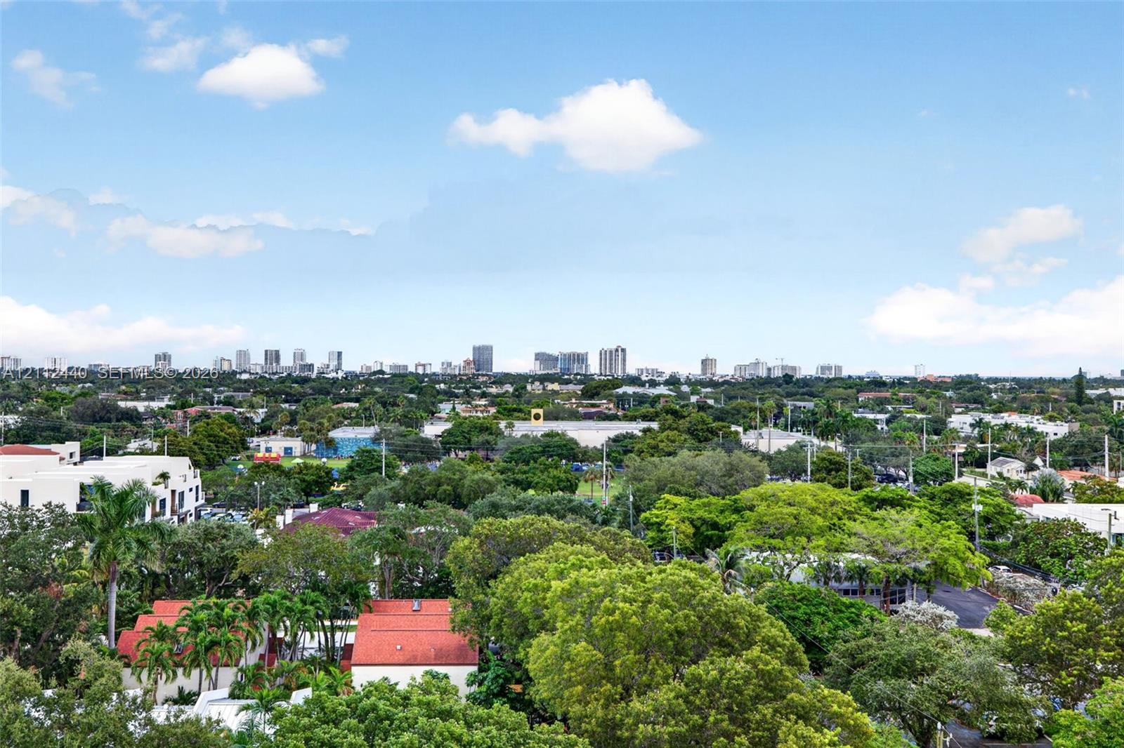 Elevated cityscape horizon featuring lush mature tree canopy and sprawling suburban surroundings