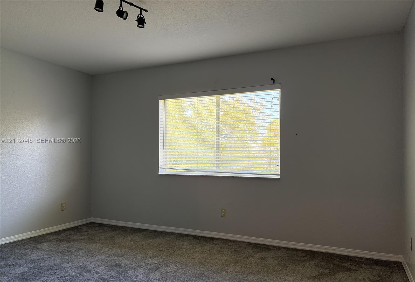 Neutral-toned walls, wall-to-wall carpet, single-pane window with horizontal blinds, and three-bulb adjustable track lighting