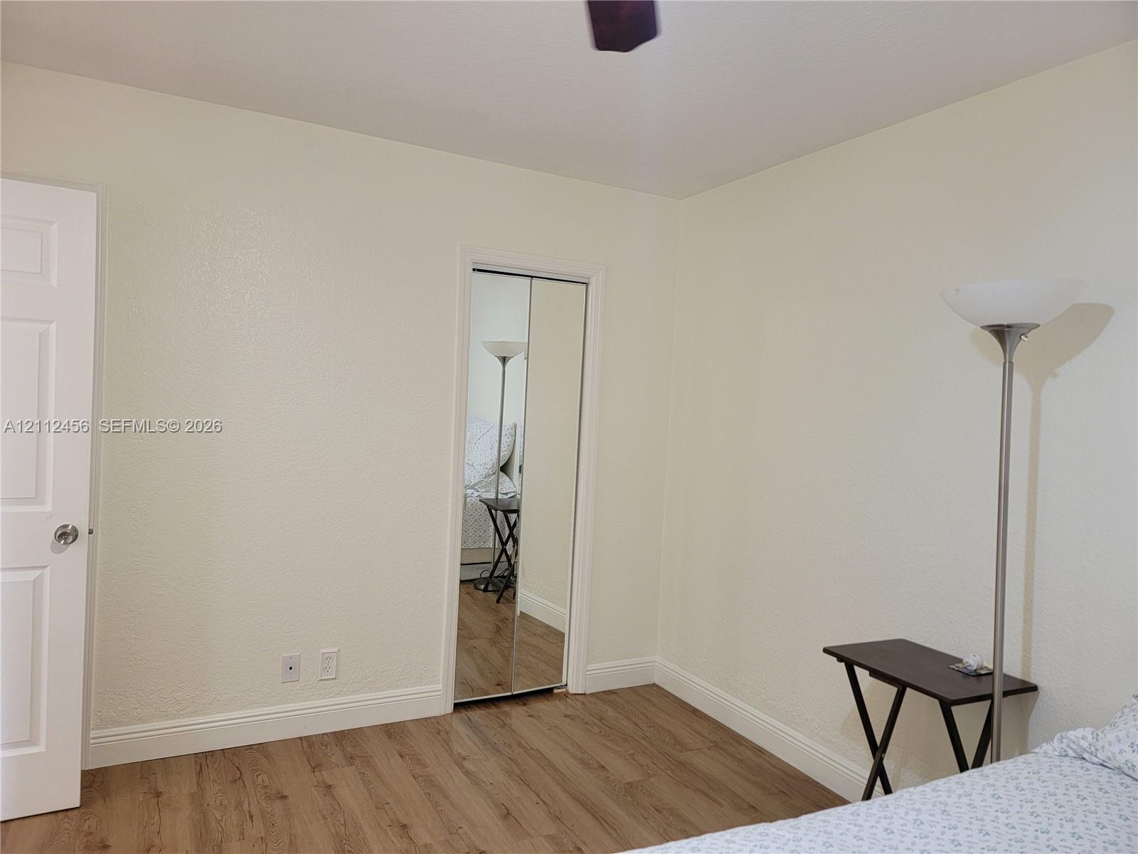 Wood-finish flooring, dual-panel interior door, and mirrored closet doors