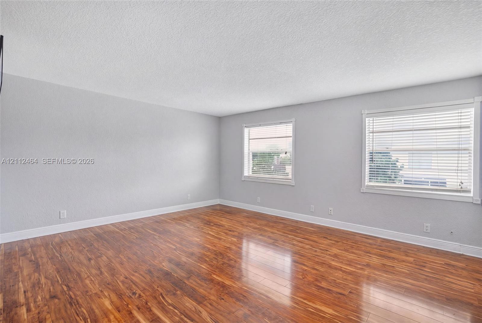 Interior space featuring wood-finish flooring, light-toned wall finishes, two dual-pane windows, and horizontal window blinds