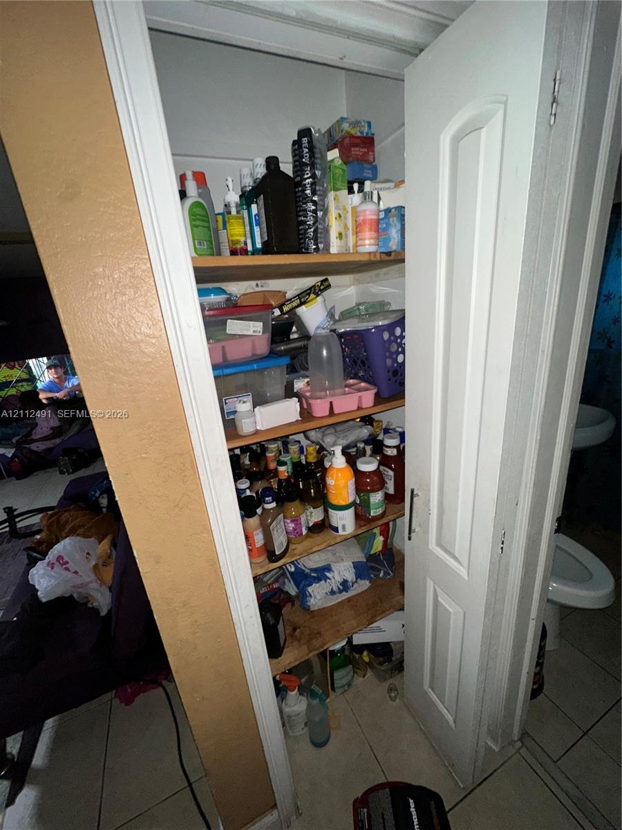 Built-in floor-to-ceiling storage closet featuring a six-panel white door and multiple interior wooden shelves