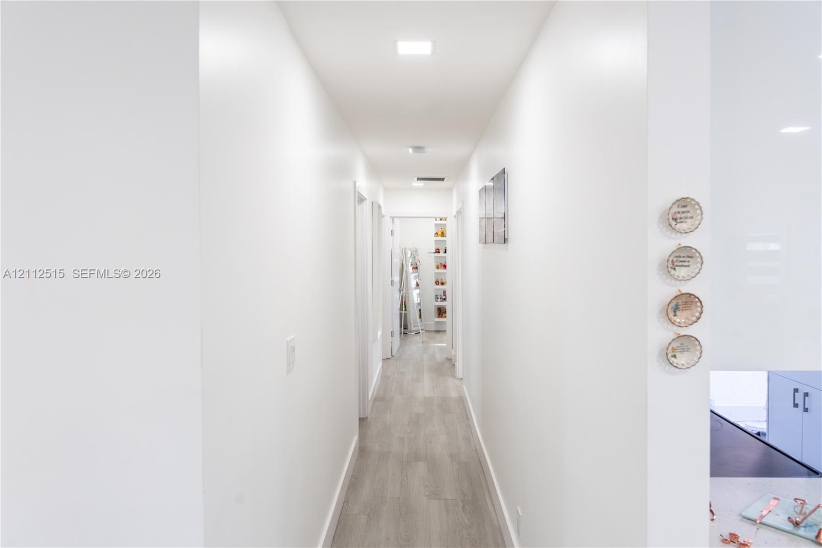Hallway featuring wood-finish flooring and recessed lighting