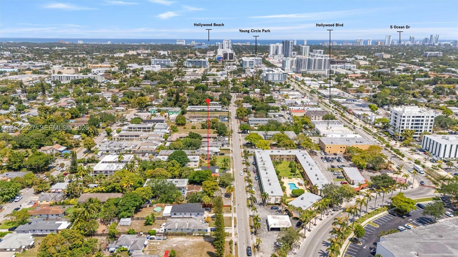 Aerial perspective of urban location with proximity to Hollywood Beach, Young Circle Park, Hollywood Boulevard, and South Ocean Drive