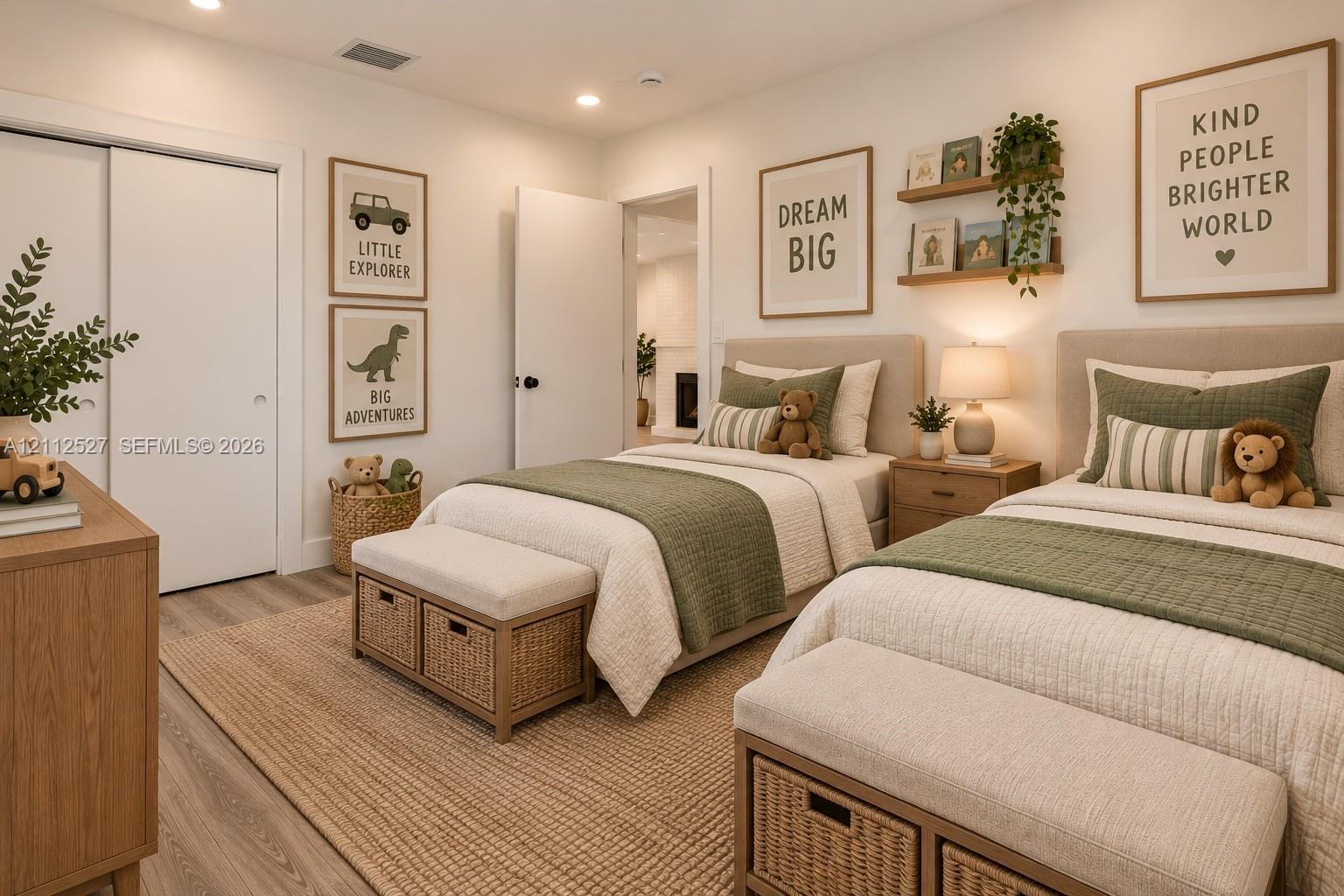 Neutral-toned interior featuring wood-finish flooring, recessed lighting, dual sliding-door closet, and wall-mounted shelving