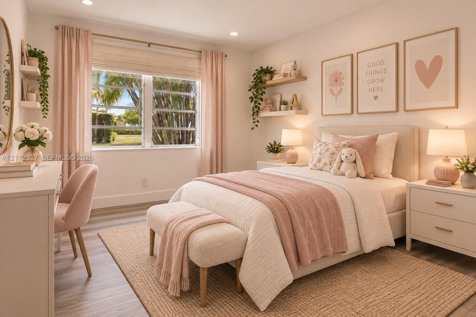 Wood-finish flooring, dual-pane windows, recessed lighting, and floating wall-mounted shelving
