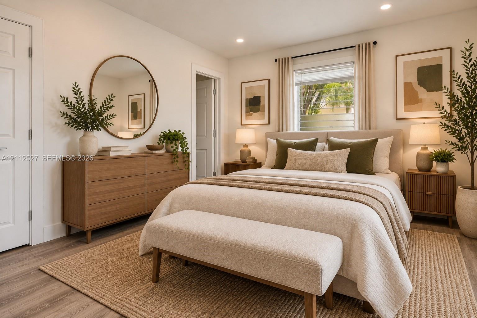 Neutral-toned interior featuring wood-finish flooring, recessed lighting, and a window with horizontal blinds