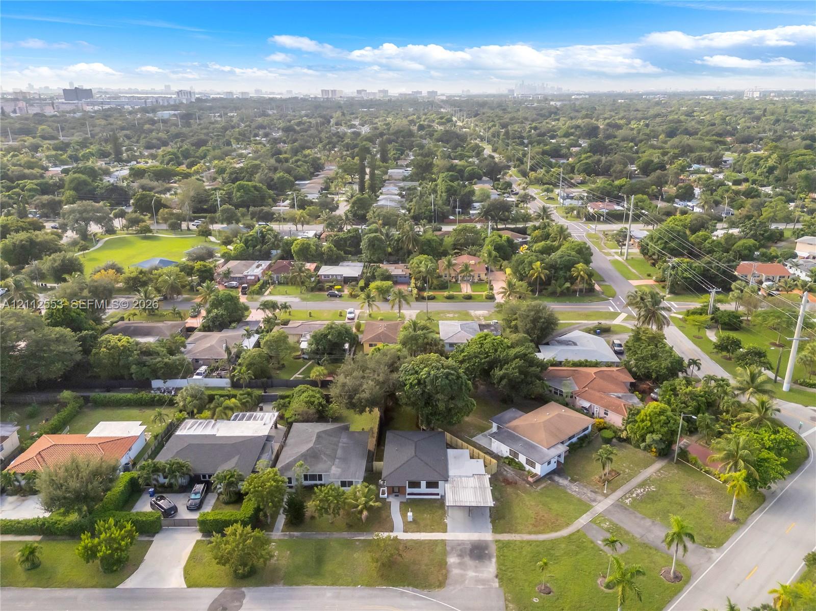 Aerial perspective of a residential neighborhood featuring mature tree canopy, varied architectural rooflines, paved street access, and expansive green space