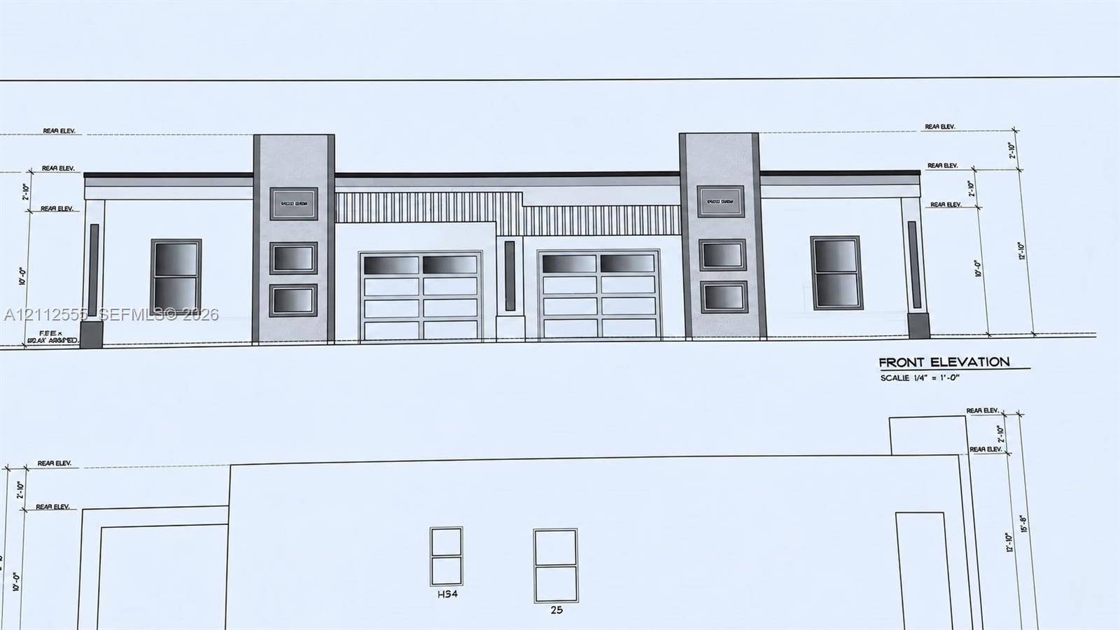 Architectural Blueprint. Depicting the front elevation and vertical measurements of the property