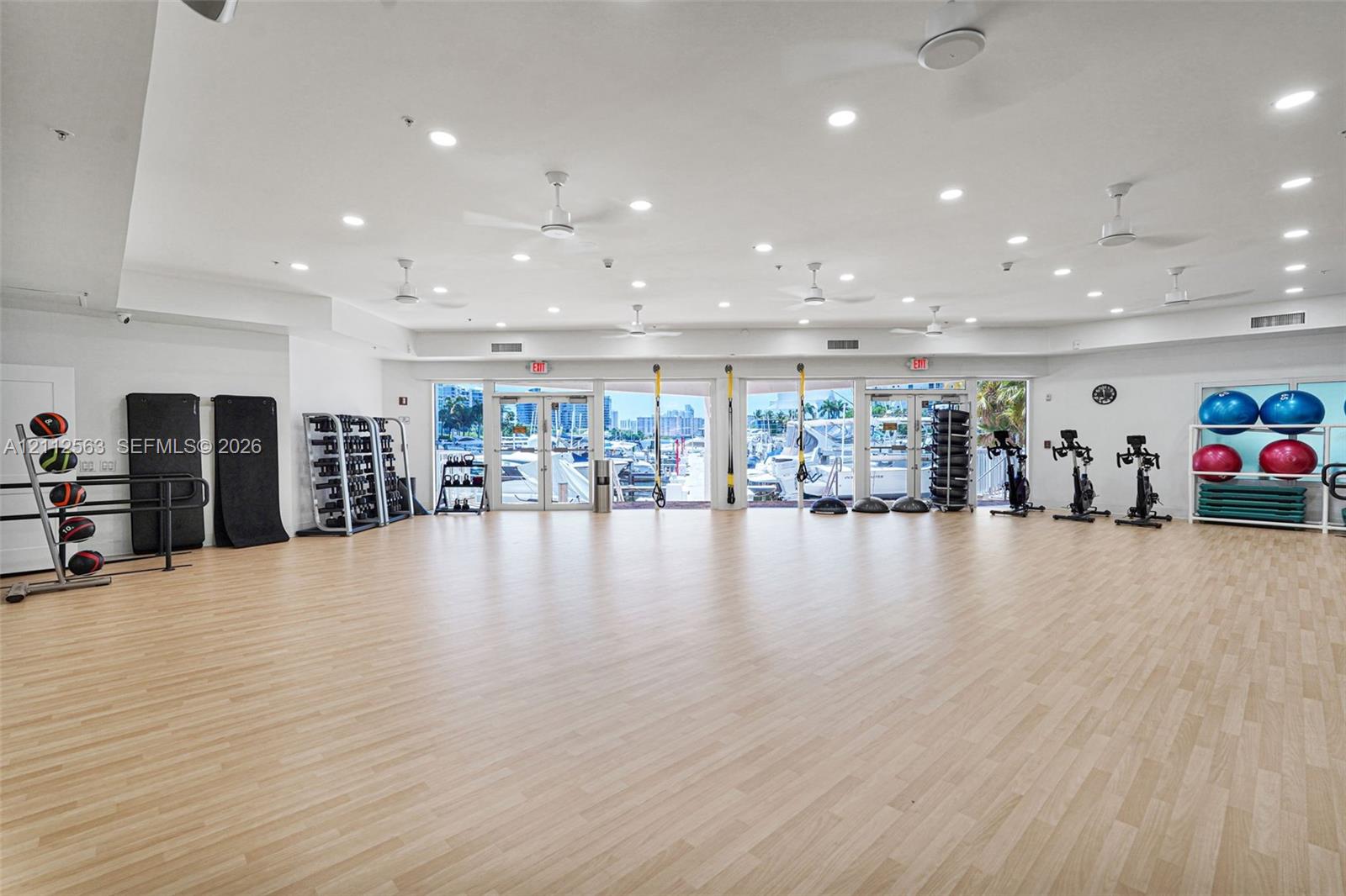 Fitness room featuring wood-finish flooring, recessed lighting, multiple ceiling fans, and full-height glass-paneled entry doors