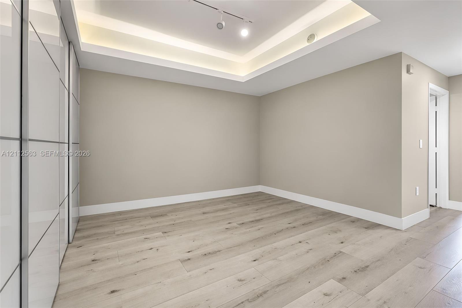 Tray ceiling featuring recessed lighting, wood-finish flooring, and floor-to-ceiling built-in cabinetry with a glossy finish