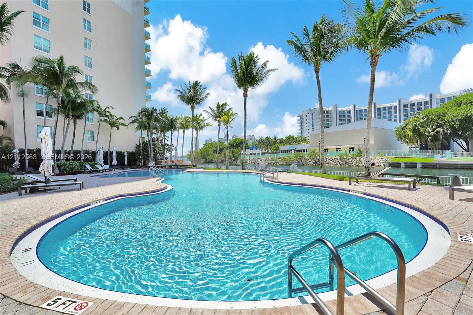 Curved swimming pool featuring a brick-paver deck, stainless steel entry rails, and surrounding palm trees
