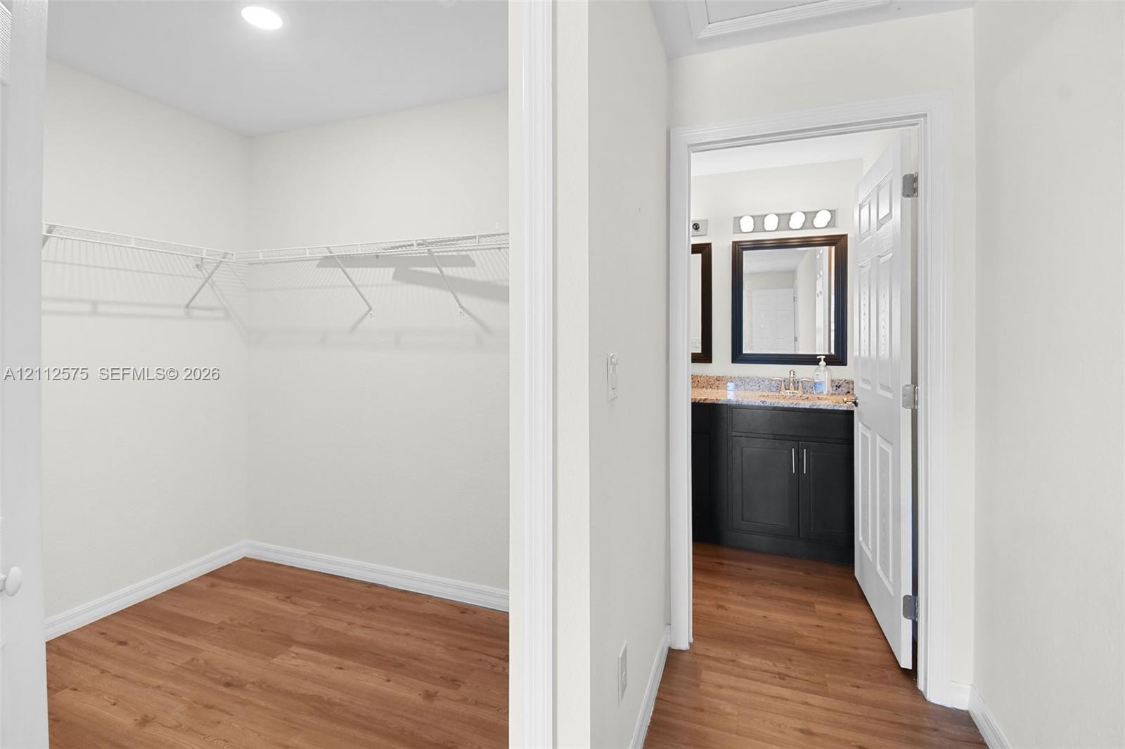 Walk-in closet featuring wire shelving and wood-finish flooring, and a bathroom equipped with dark cabinetry, stone-finish countertops, and a multi-bulb vanity light