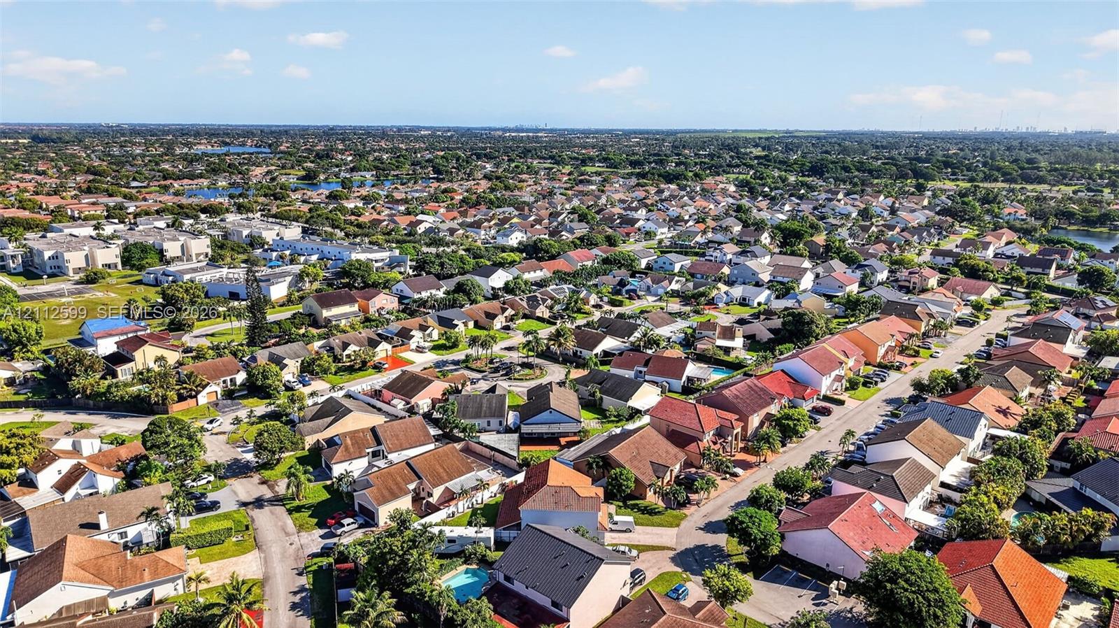 Aerial perspective of a suburban neighborhood featuring residential rooftops, paved street infrastructure, mature landscaping, and interspersed green space